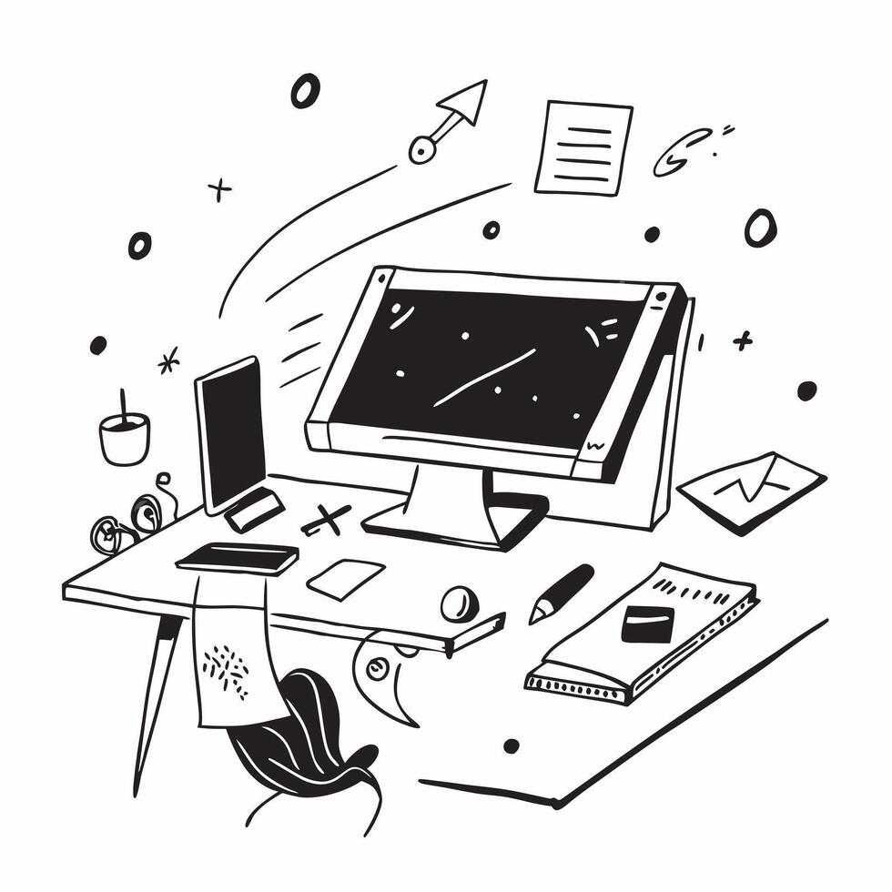 Glossy Home Office Setup with Abstract Digital Art concept as A photo depicting a home office setup with a glossy finish and an abstract digital art background The image highlight pure vector