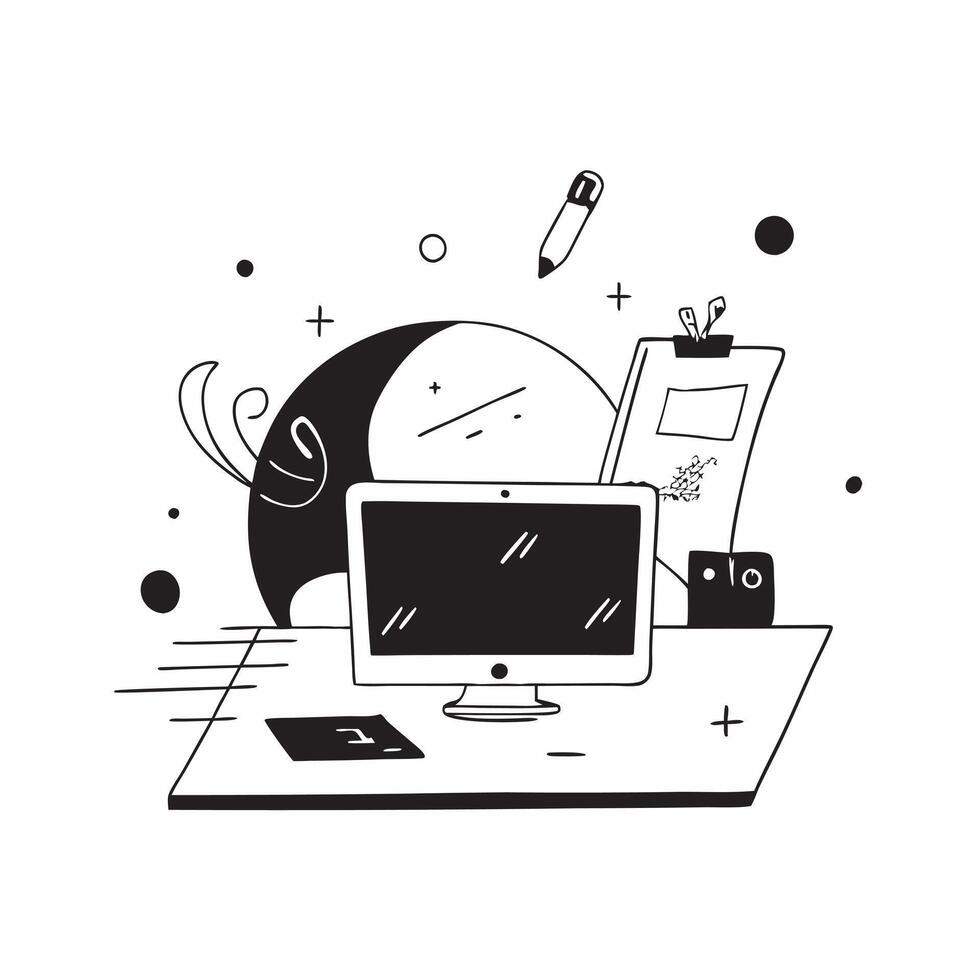 Glossy Home Office Setup with Abstract Digital Art concept as A photo depicting a home office setup with a glossy finish and an abstract digital art background The image highlight pure Set 7 vector