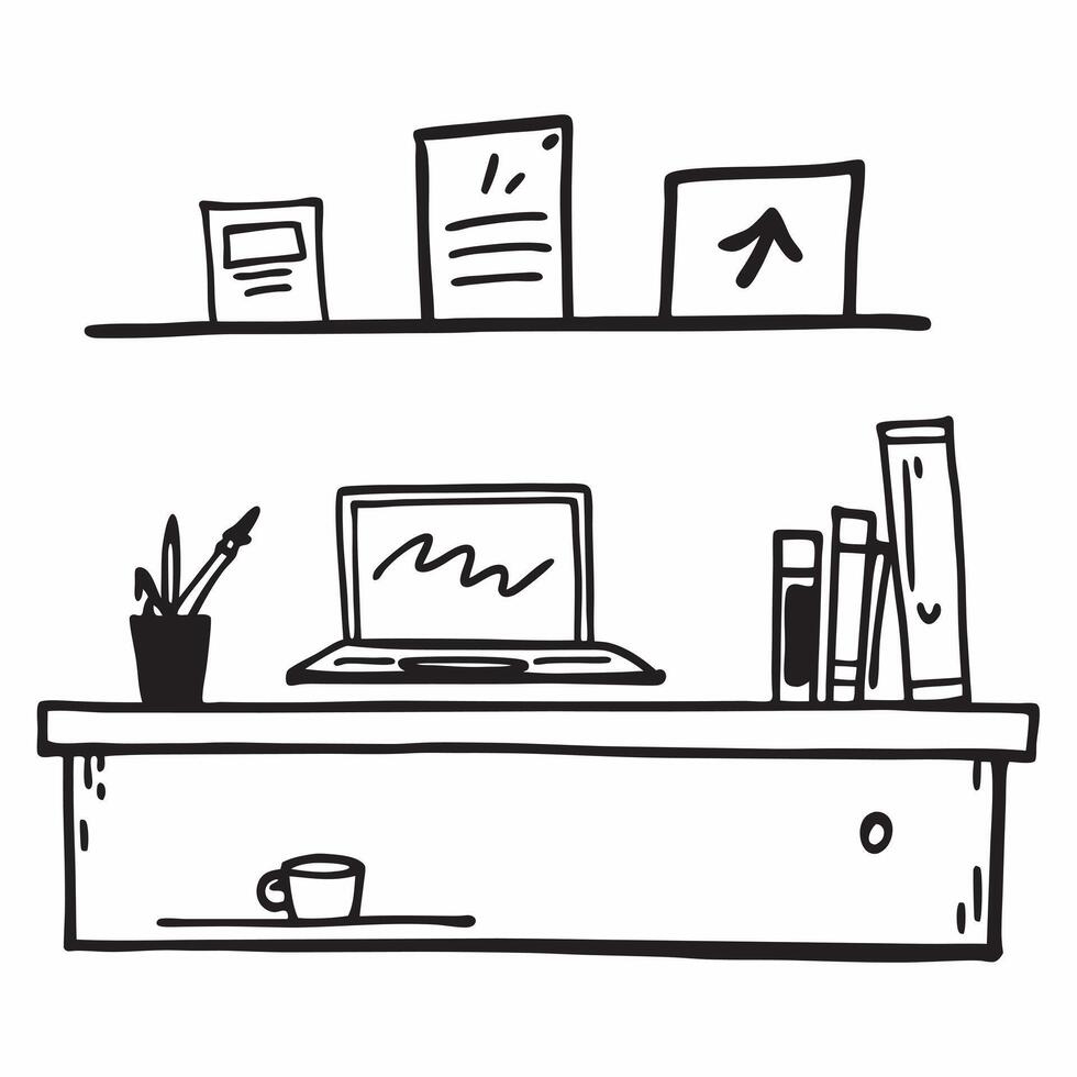 Glossy Home Office with Shelf Decor concept as A photo featuring a glossy home office desk setup with decorative shelves in the background The camera captures the scene from the f pure Set 2 vector