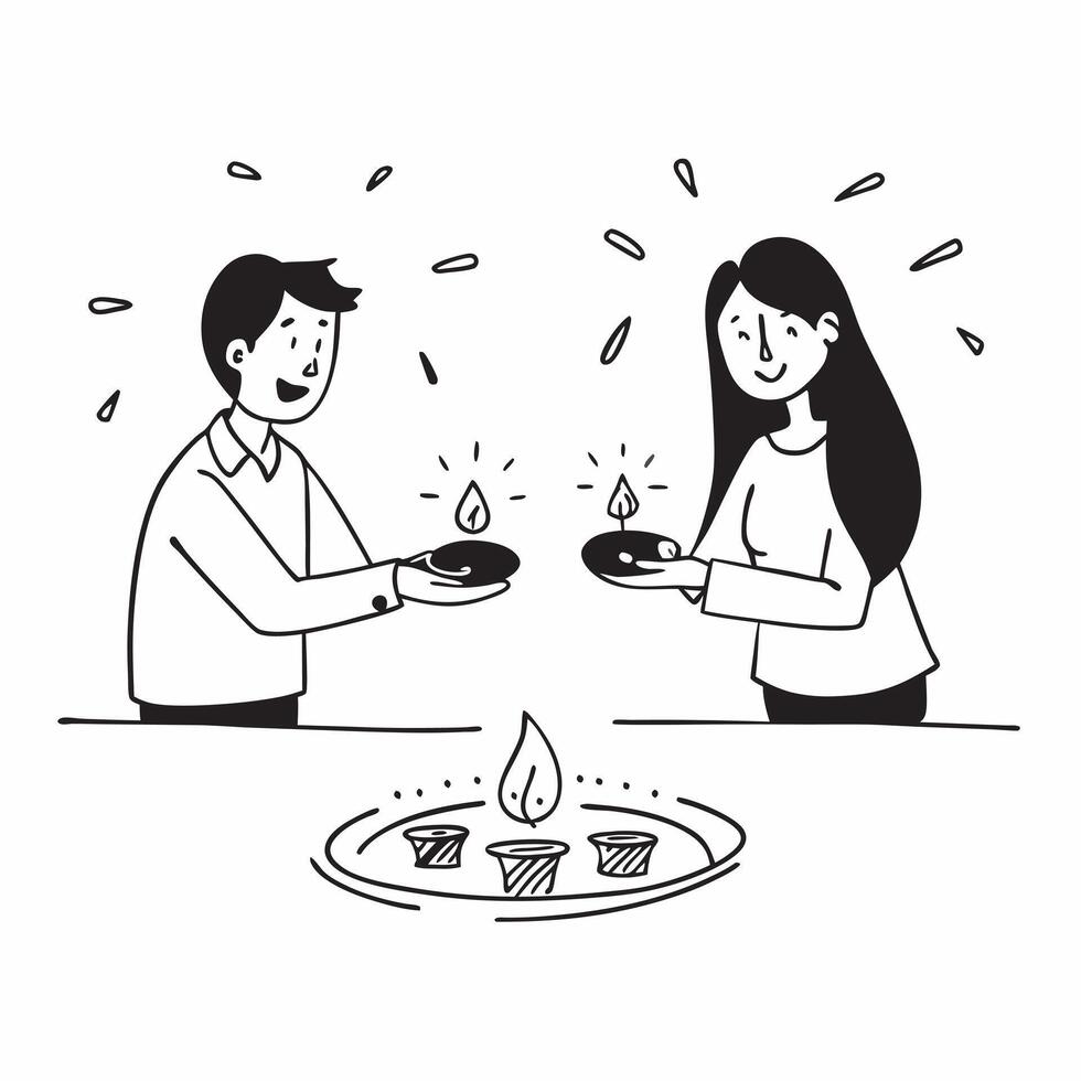 Glossy illustration of a couple lighting Dhanteras diyas concept as Camera movement Pan across the couple as they light diyas Scene Romantic serene background Detail Glossy effec pure vector