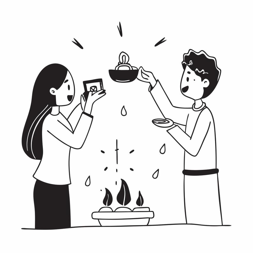 Glossy illustration of a couple lighting Dhanteras diyas concept as Camera movement Pan across the couple as they light diyas Scene Romantic serene background Detail Glossy effec pure Set 2 vector