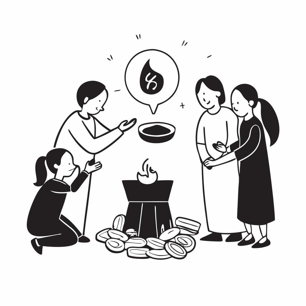 Glossy image of a family performing Lakshmi Pooja for Dhanteras concept as Camera movement Zoom into the family members faces as they perform the pooja Scene Warm vibrant glow fr pure vector