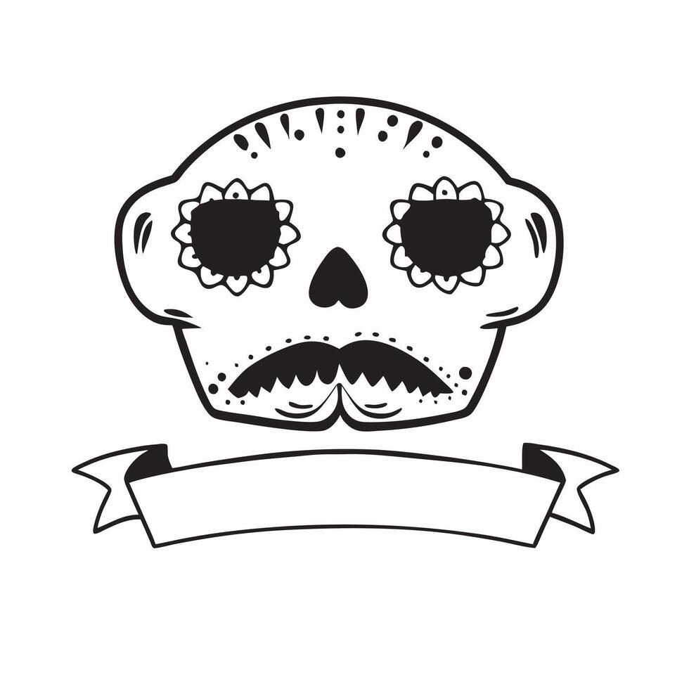 Glossy Sugar Skull with Reflective Papel Picado concept as A mid shot of a glossy sugar skull with reflective papel picado banners in the background set against a dark glossy surfa pure vector