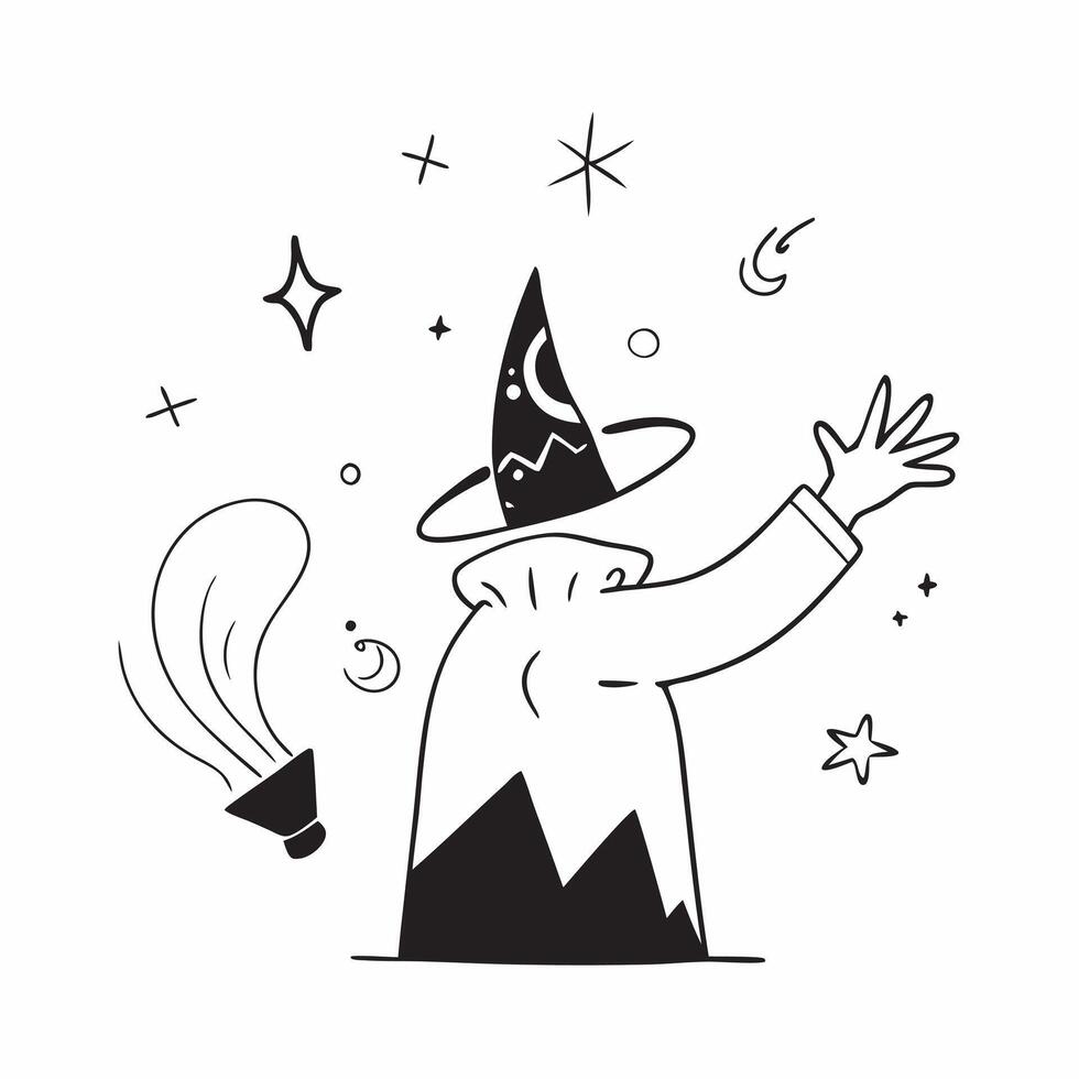 Glowing Abstract Wizard with Magic Text concept as A vibrant glowing abstract digital art of a wizard casting spells with the word Magic in a mystical font The scene is ideal for pure vector