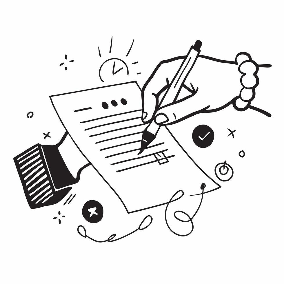 Hand signing contract with glowing holographic legal icons and copy space for Sharad Purnima concept as Camera movement Zoom into the hand signing a contract with glowing holograph pure vector