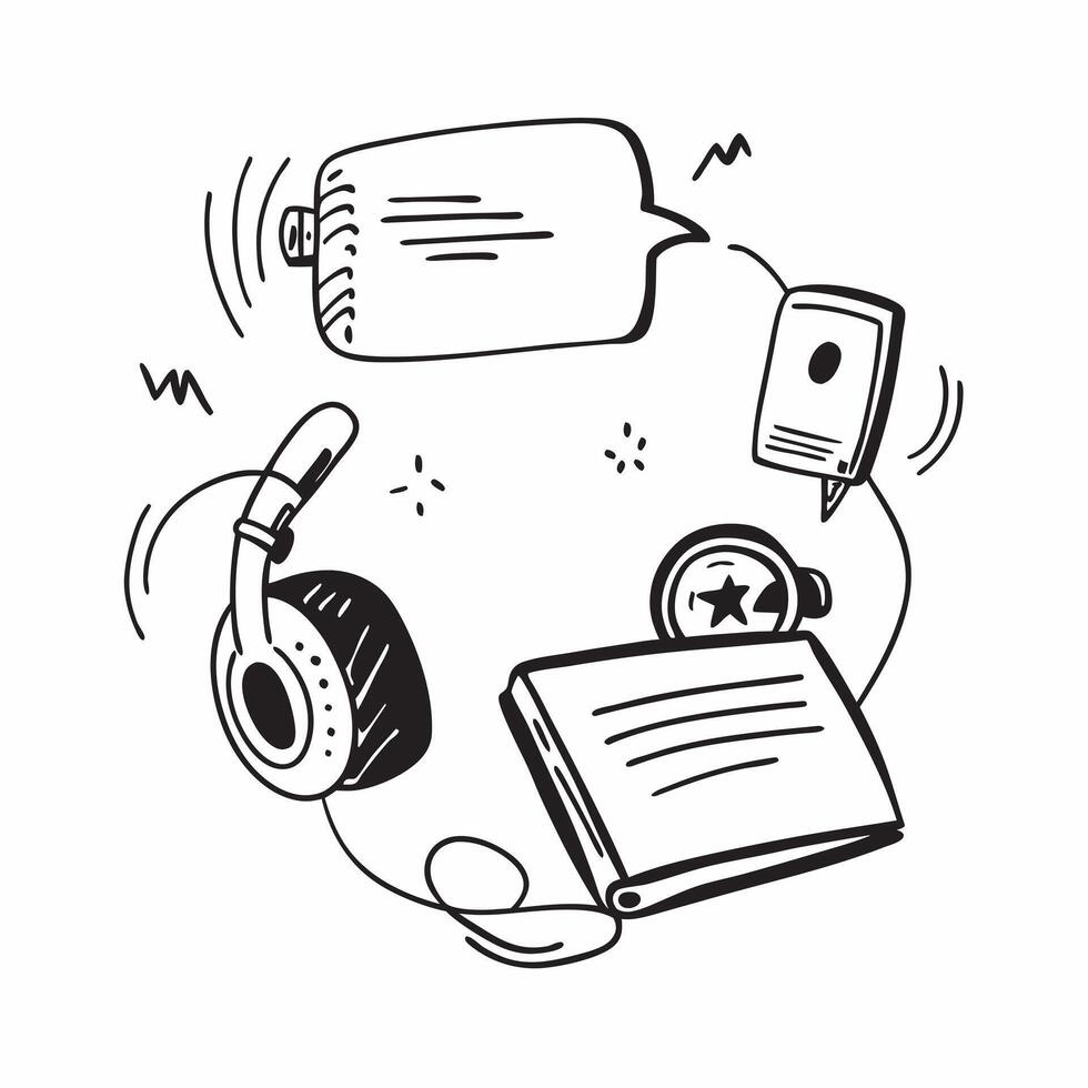 Headphones and notebook with Remote Work Essentials text in a border frame with copy space concept as Camera movement Zoom into the headphones and notebook with text Scene Clean a pure Set 2 vector