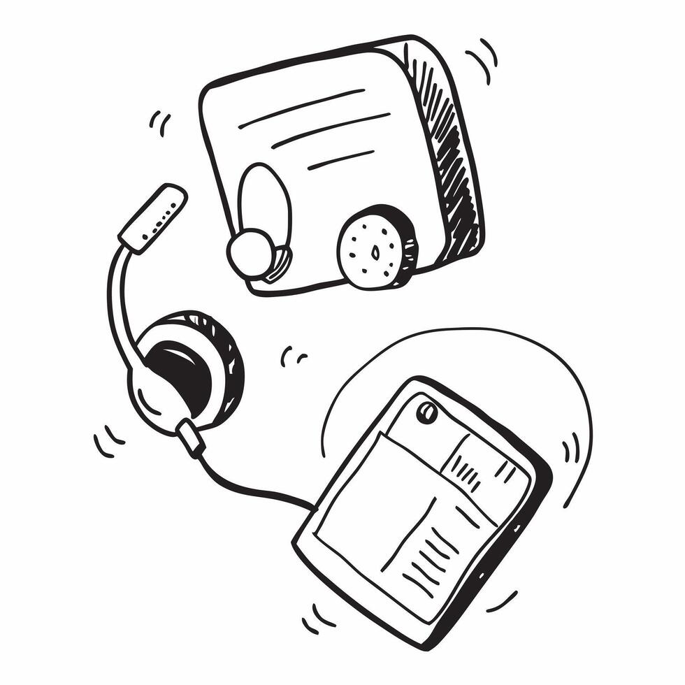 Headphones and Tablet with Remote Work Text concept as Headphones and a tablet with Remote Work text on a white background representing focus and note taking in remote work Camera pure vector
