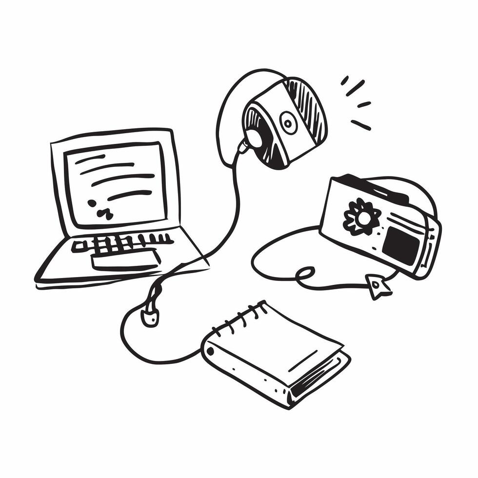 Headset and Laptop with Remote Work Text concept as A headset and laptop with Remote Work text on a white background representing communication and work tools in remote work Camer pure vector