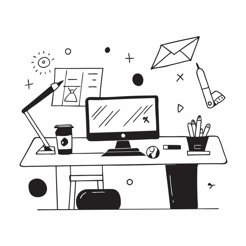 Home Office Desk with Glossy Digital Art Background concept as A photo featuring a home office desk with a glossy digital art background The image focuses on the desk setup highli pure vector