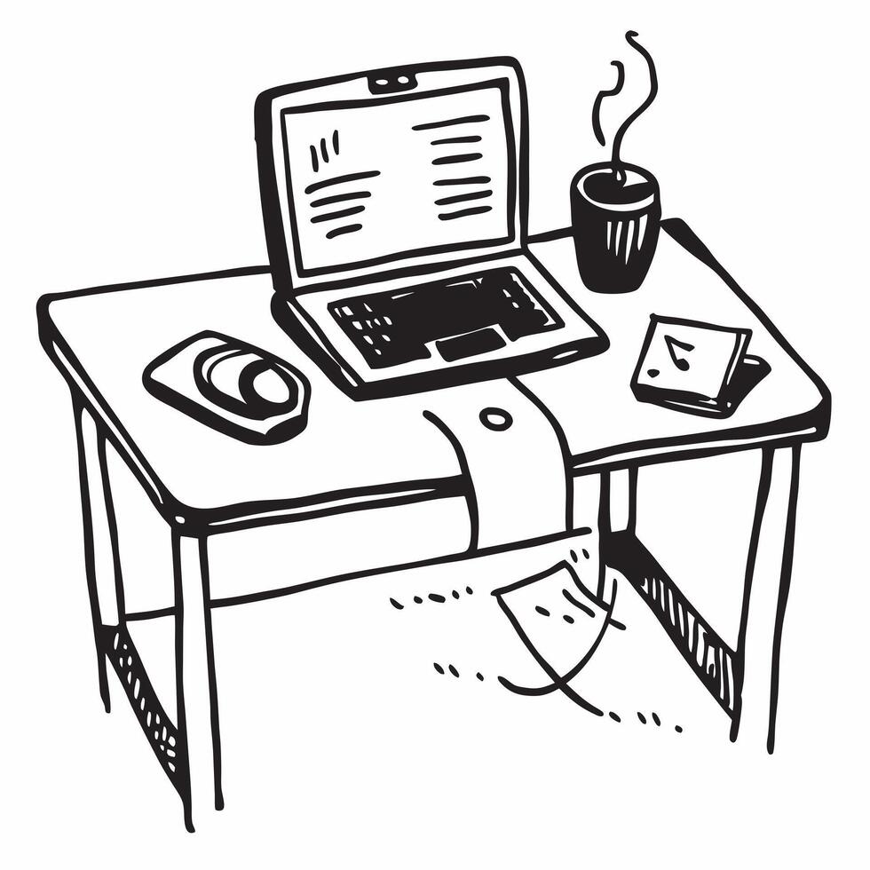 Home Office Desk with Glossy Finish concept as A photo of a modern home office desk with a glossy finish featuring a sleek laptop a cup of coffee and a notepad The camera angle is pure vector