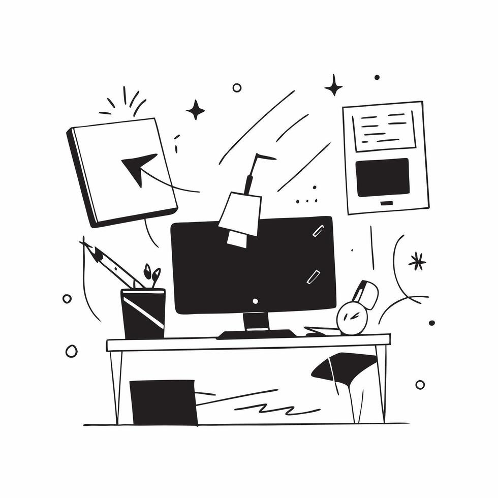 Home Office Setup with Glowing Abstract Digital Art Elements concept as A photo featuring a home office setup with glowing abstract digital art elements The image is centered arou pure Set 5 vector