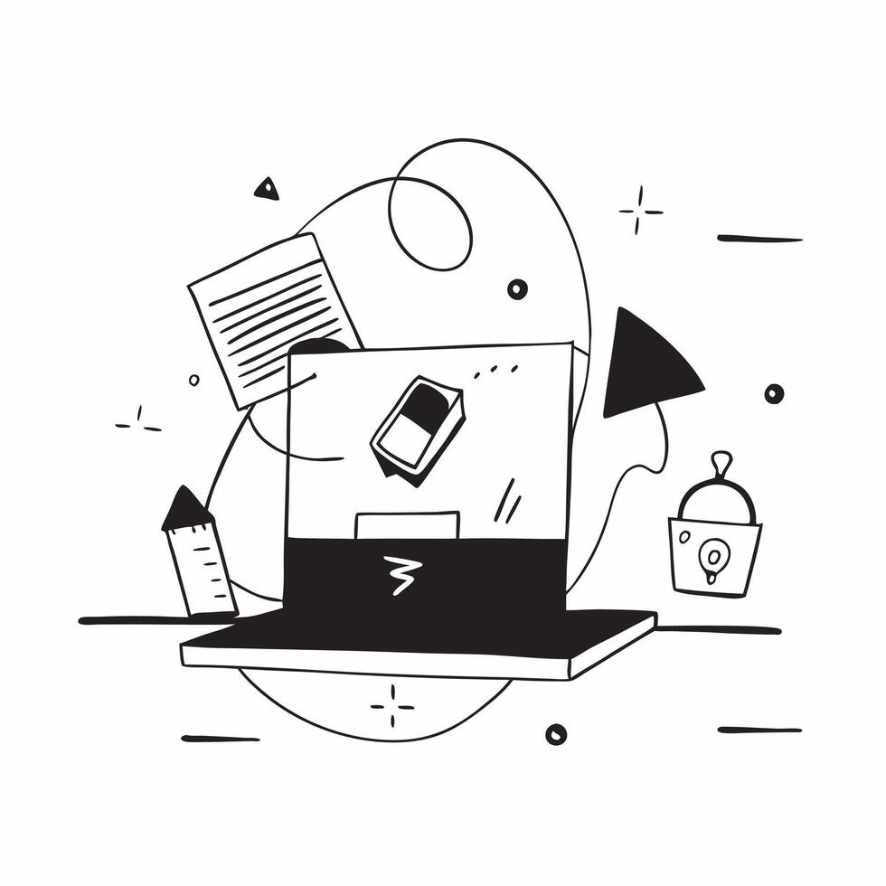 Home office with abstract glowing holographic elements and laptop concept as Camera movement Zoom into the laptop with holographic elements Scene Glossy abstract digital art with pure vector