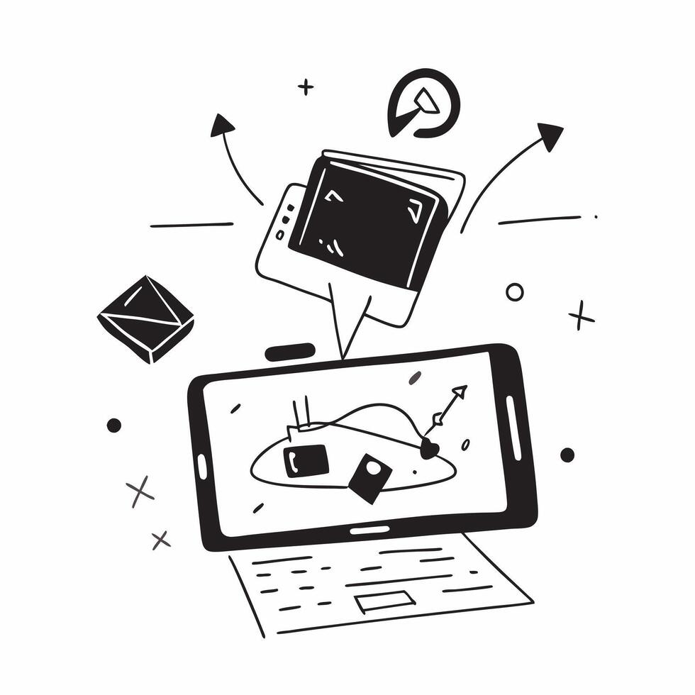 Home office with abstract holographic education app on a tablet concept as Camera movement Pan across the tablet screen with a holographic education app Scene Glossy abstract digi pure vector