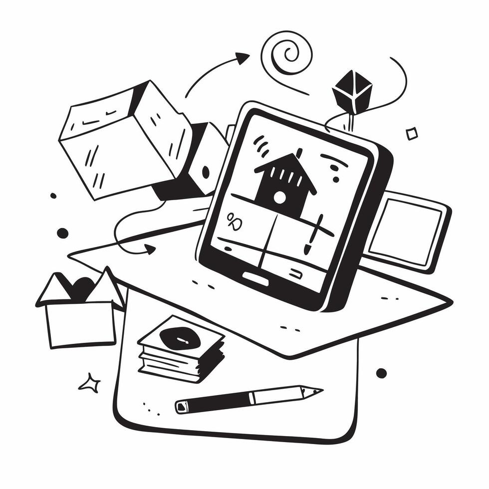 Home office with abstract holographic education app on a tablet concept as Camera movement Pan across the tablet screen with a holographic education app Scene Glossy abstract digi pure Set 2 vector