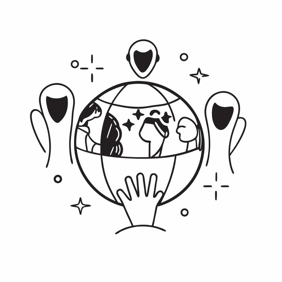 Interracial Family Globe with Global Text concept as An isolated of a globe with diverse family members surrounding it and the word Global in a modern bold font This design pure vector