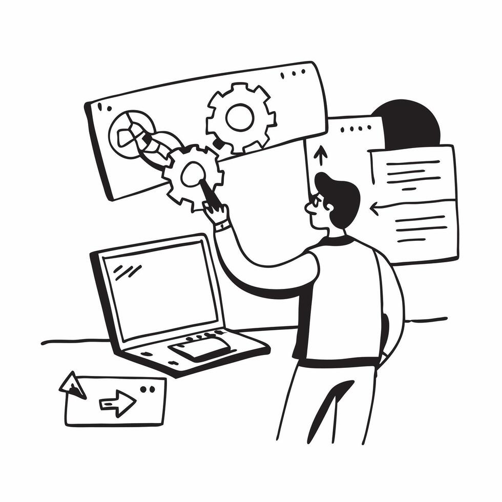 IT specialist troubleshooting in a glossy flexible workspace concept as Camera movement Zoom into the IT specialist screen as they troubleshoot a technical issue Scene A high tech pure Set 2 vector