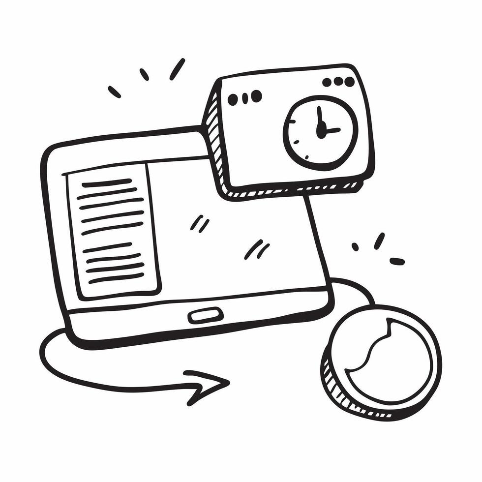 Laptop and Clock Icons with On Time text isolated on white background concept as Camera movement Focus on the laptop and clock icons highlighting the importance of punctuality in v pure vector