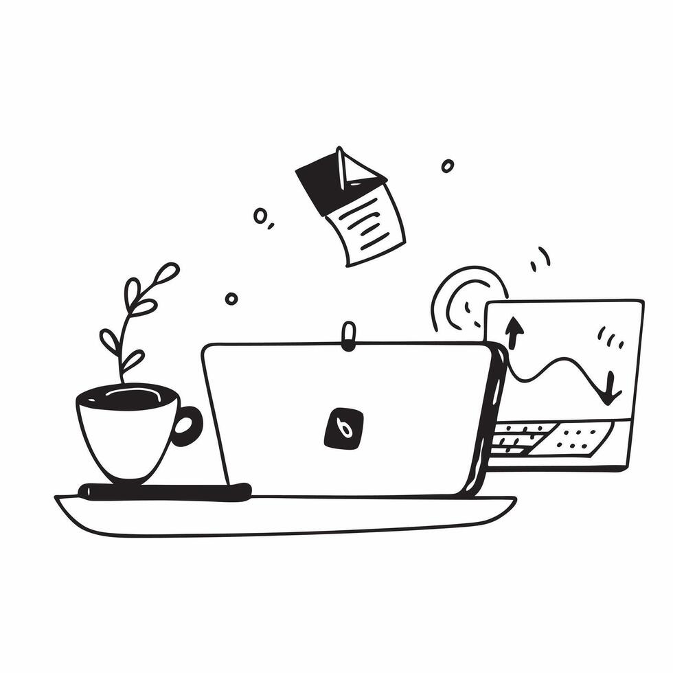 Laptop and Coffee Mug with Work Life Balance text isolated on white background concept as Camera movement Focus on both the laptop and coffee mug highlighting the blend of work and pure vector