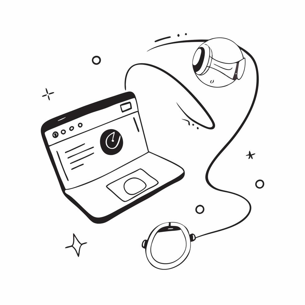 Laptop and headset with holographic communication tools and copy space isolated on white balance concept as Camera movement Focus on both the laptop and headset highlighting the gl pure vector
