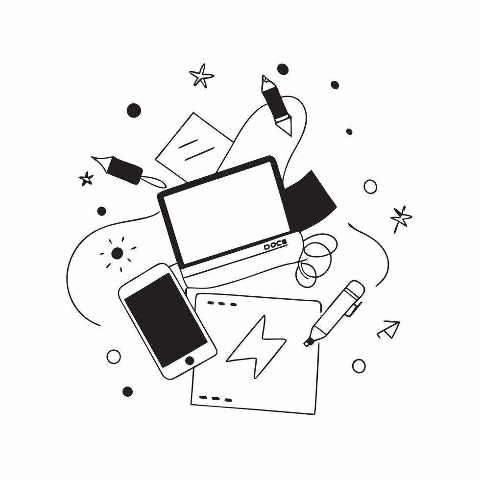 Laptop and notebook with Creative Workspace text in a border frame with copy space concept as Camera movement Pan across the laptop and notebook focusing on the text Scene Modern pure vector