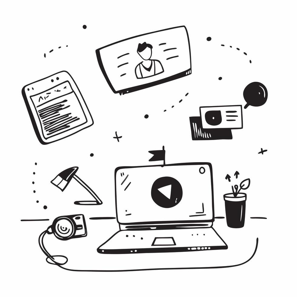 Laptop and tablet with holographic conferencing app and flexible workspace text concept as Camera movement Pan across the laptop and tablet screens with a holographic c pure Set 2 vector
