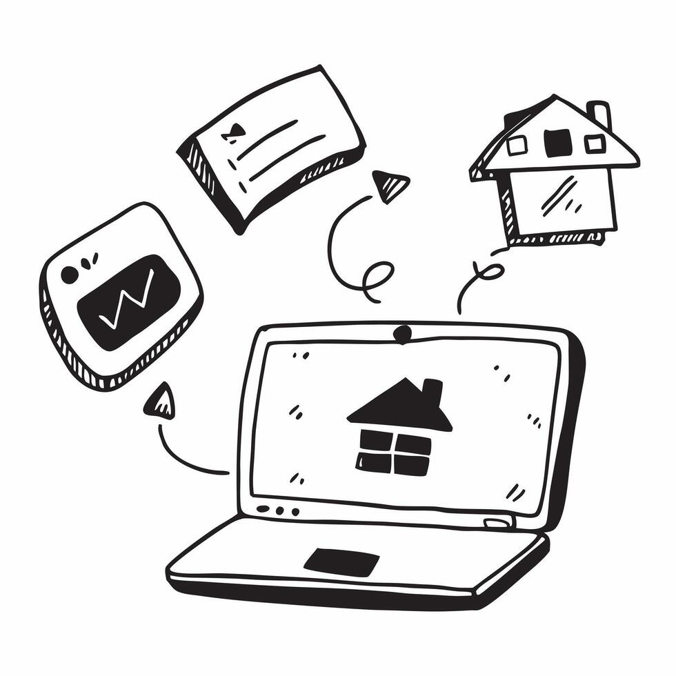 Laptop with Holographic Home Office Icon and Productivity Icon concept as A photo featuring a laptop with a glossy glowing holographic home office icon and productivity icon The o pure Set 5 vector