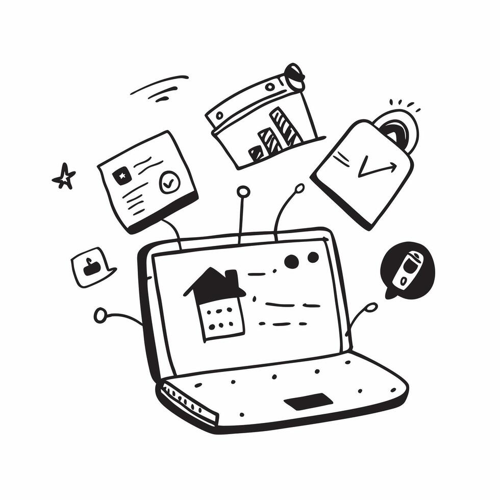 Laptop with Holographic Home Office Icon and Productivity Icon concept as A photo featuring a laptop with a glossy glowing holographic home office icon and productivity icon The o pure Set 21 vector