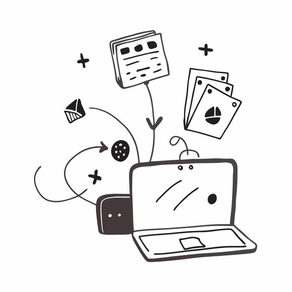 Laptop with Holographic Home Office Icon and Productivity Icon concept as A photo featuring a laptop with a glossy glowing holographic home office icon and productivity icon The o pure Set 26 vector
