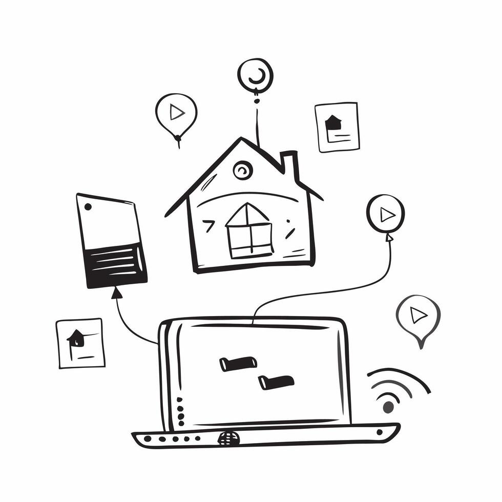 Laptop with Holographic Home Office Icon and Productivity Icon concept as A photo featuring a laptop with a glossy glowing holographic home office icon and productivity icon The o pure Set 16 vector