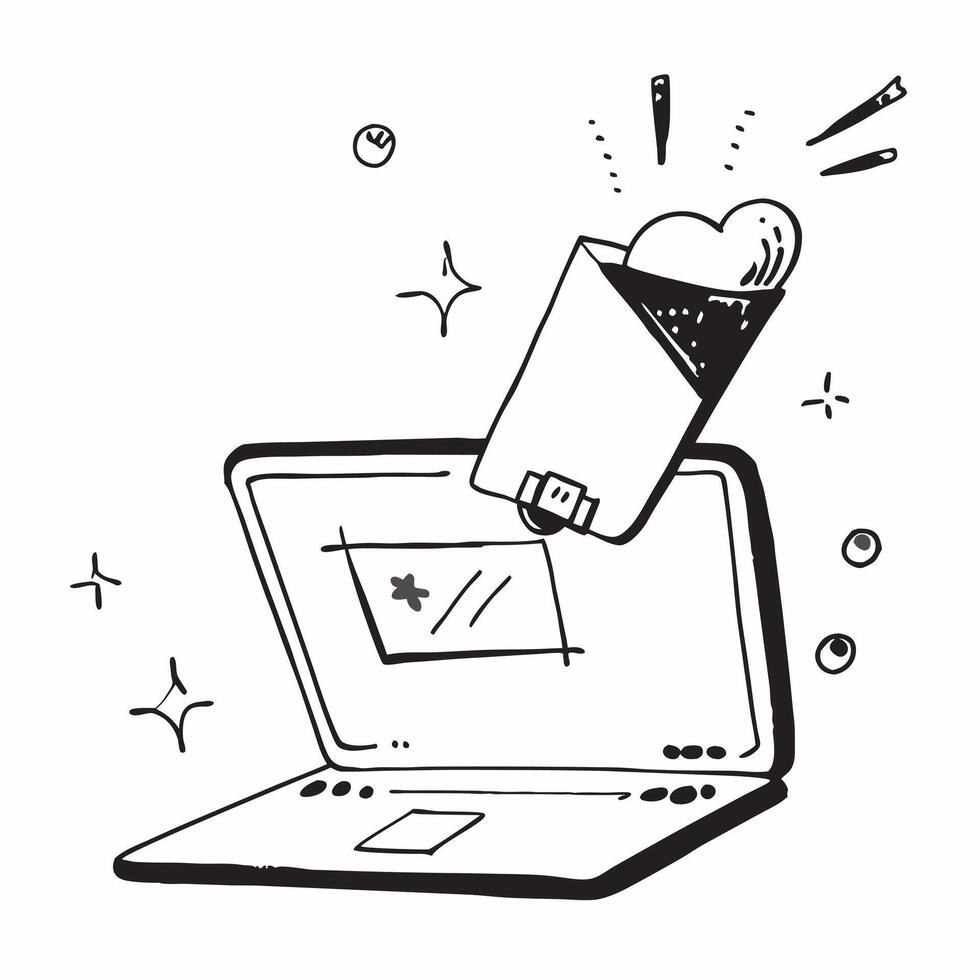Laptop with Holographic Shopping Cart concept as Vertical shot of a laptop standing open on a white background with a glowing holographic shopping cart floating above the keyboard pure vector