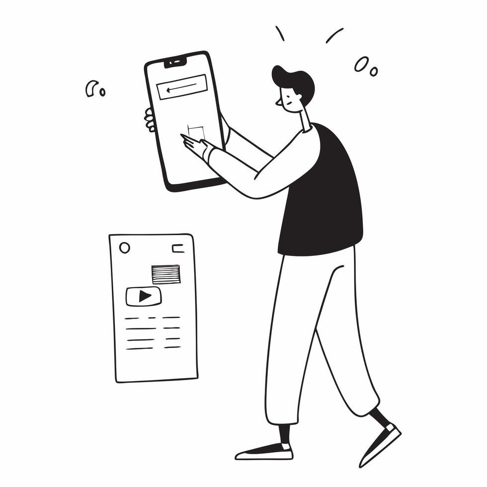Man Updating Mobile Banking App concept as A man updating his mobile banking app on his smartphone with a blank background offering space for additional text or design elements in pure vector