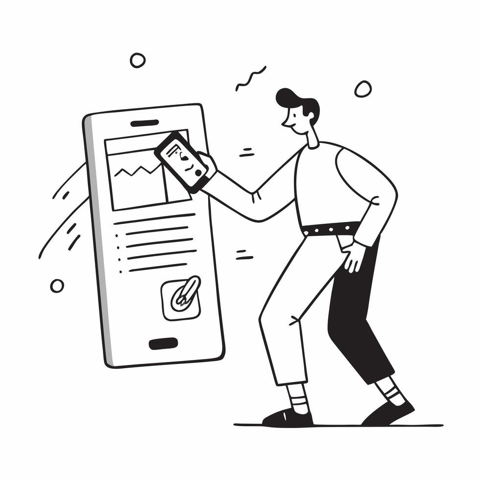 Man Updating Mobile Banking App concept as A man updating his mobile banking app on his smartphone with a blank background offering space for additional text or design elements in pure Set 2 vector