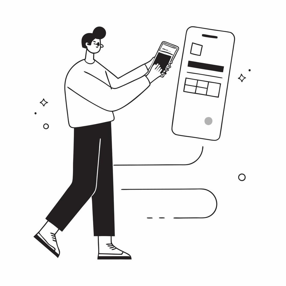 Man Using Mobile Banking in Office concept as A man using a mobile banking app on his smartphone in an office setting with a blank background offering space for text or additional pure vector