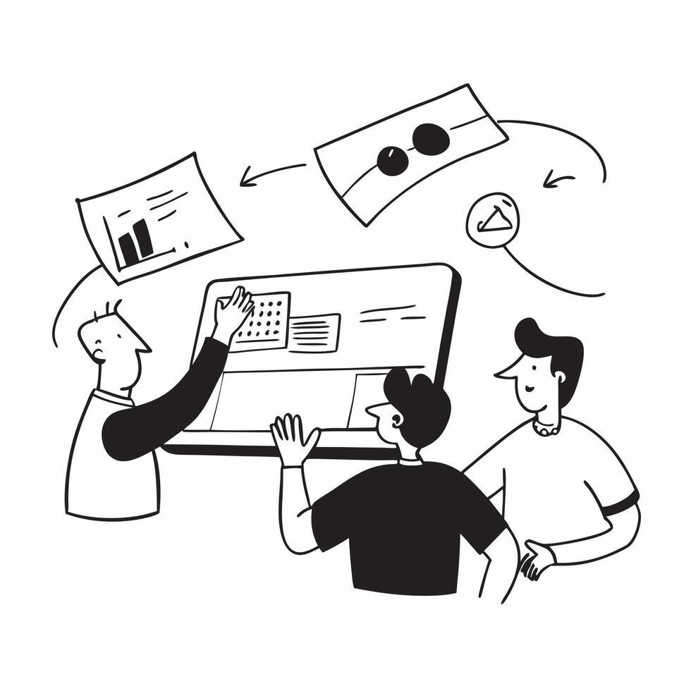 Marketing team brainstorming in a glossy flexible workspace concept as Camera movement Zoom into the team digital whiteboard during a brainstorming session Scene A collaborative a pure vector