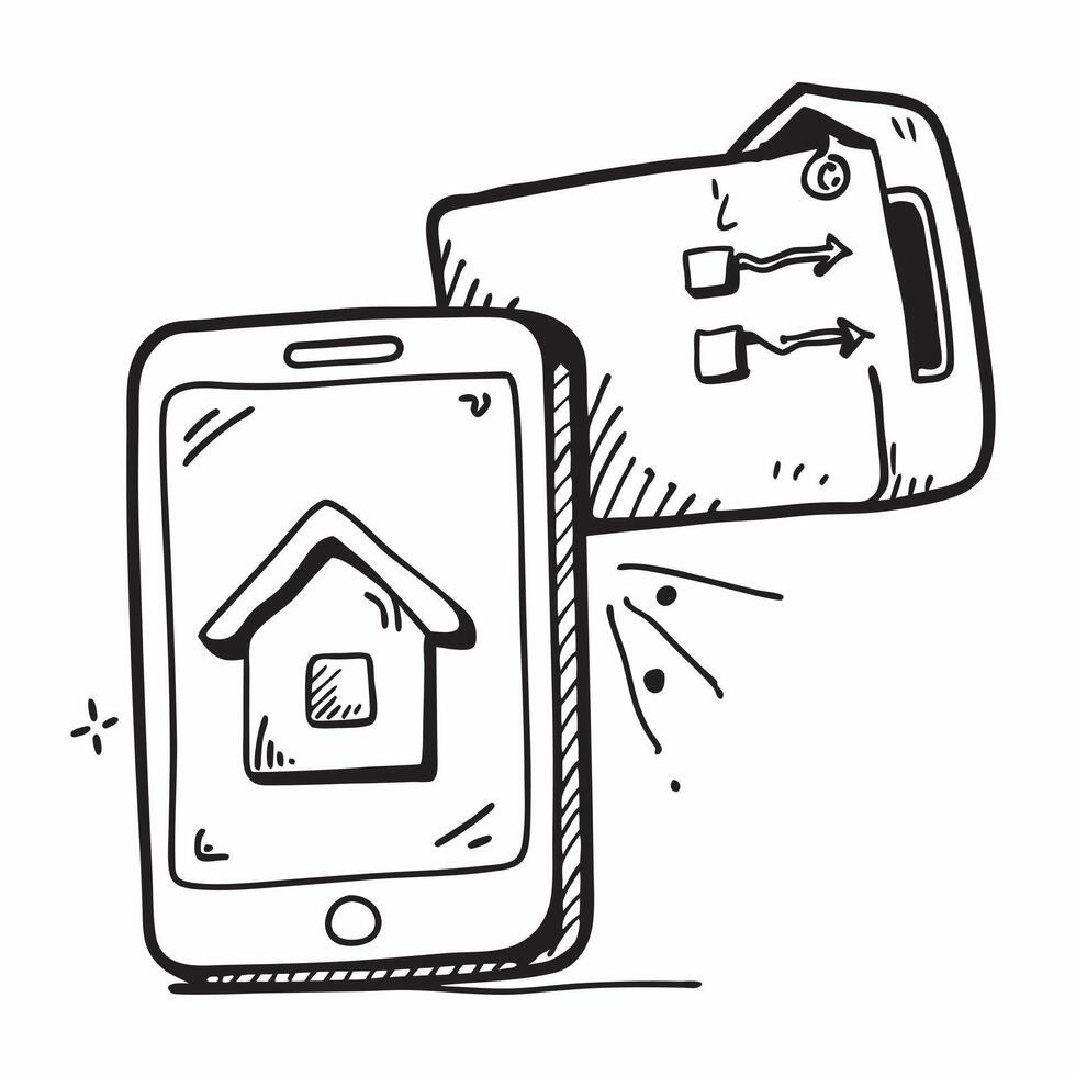 Mobile Phone with Holographic Home Office Icon and Connectivity Icon concept as A photo depicting a mobile phone with a glossy glowing holographic home office icon and connectivity pure vector