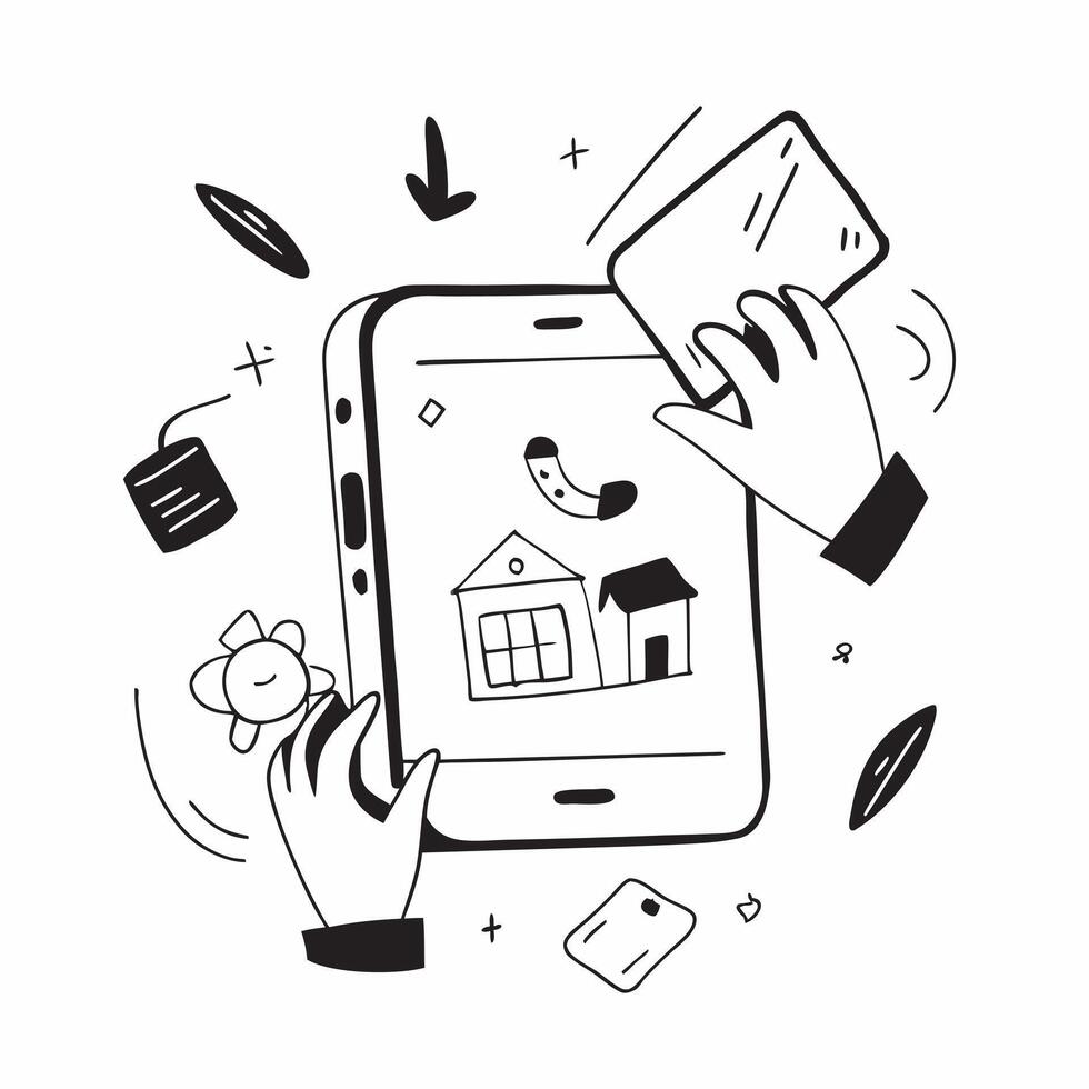 Mobile Phone with Holographic Home Office Icon and Connectivity Icon concept as A photo depicting a mobile phone with a glossy glowing holographic home office icon and connectivity pure Set 26 vector