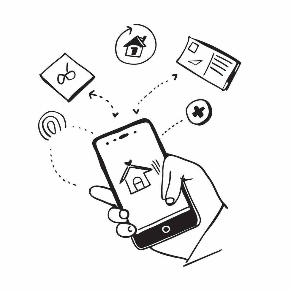 Mobile Phone with Holographic Home Office Icon and Connectivity Icon concept as A photo depicting a mobile phone with a glossy glowing holographic home office icon and connectivity pure Set 15 vector