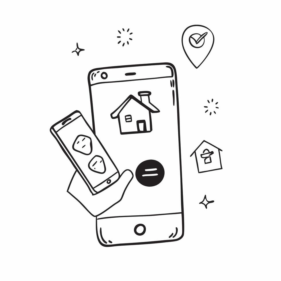 Mobile Phone with Holographic Home Office Icon and Connectivity Icon concept as A photo depicting a mobile phone with a glossy glowing holographic home office icon and connectivity pure Set 16 vector