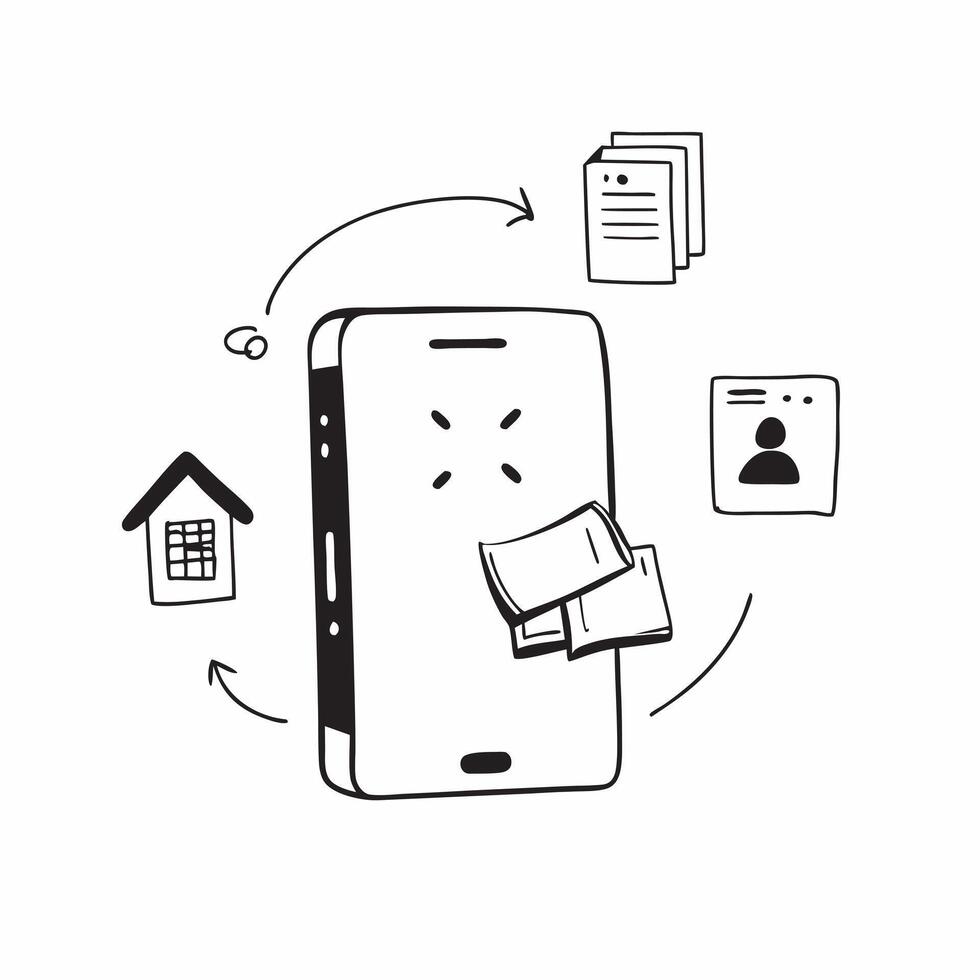 Mobile Phone with Holographic Home Office Icon and Connectivity Icon concept as A photo depicting a mobile phone with a glossy glowing holographic home office icon and connectivity pure Set 20 vector