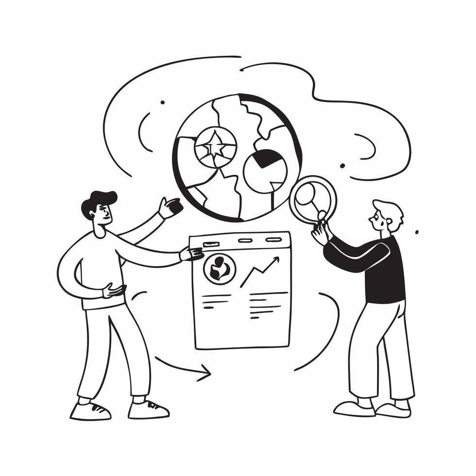 People with Earth and Climate Change Data concept as A group of people analyzing climate change data with an earth model set against a fantastical background offering ample space f pure vector