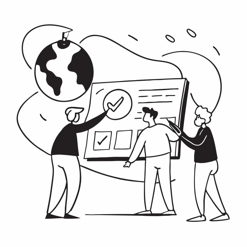People with Earth and Climate Change Analysis concept as A group of people analyzing climate change data with an earth model set against a fantastical background offering ample spa pure vector