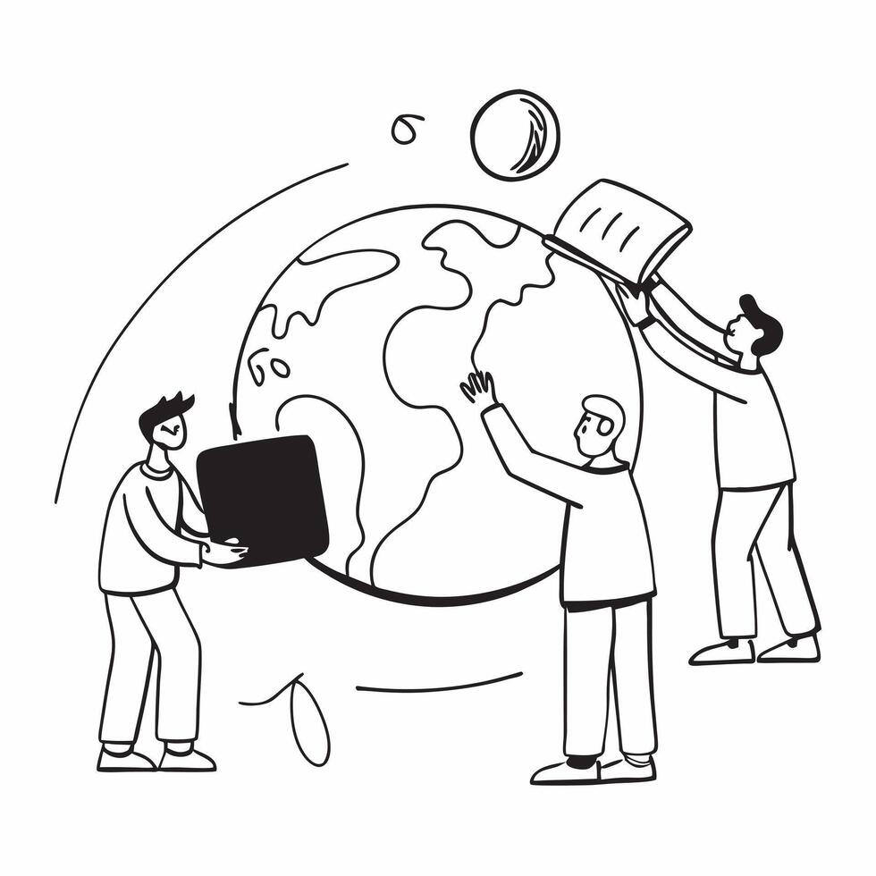 People with Earth and Eco friendly Project Proposals concept as A group of people presenting eco friendly project proposals with an earth model set against a whimsical background o pure Set 4 vector