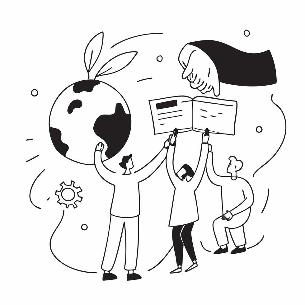 People with Earth and Eco friendly Project Proposals concept as A group of people presenting eco friendly project proposals with an earth model set against a whimsical background o pure Set 3 vector