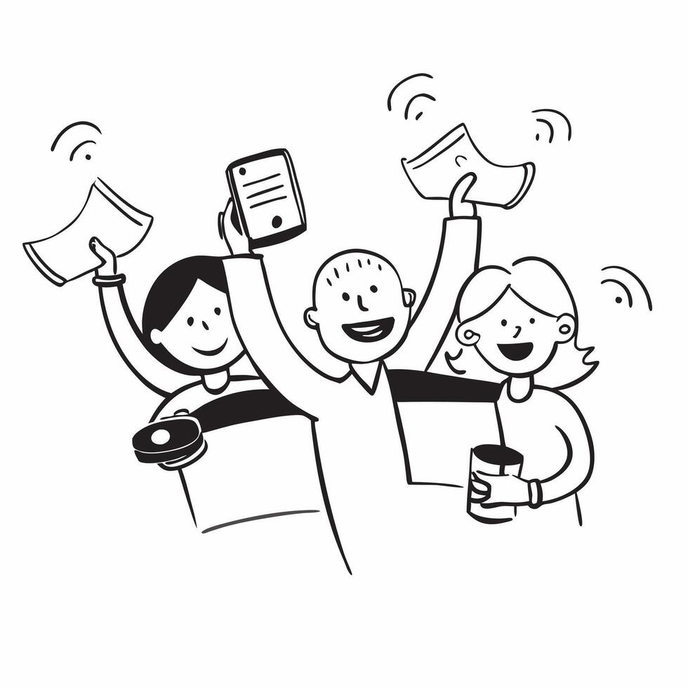 People with Enchanted Conference Phones and Joyful Expressions concept as A group of people using enchanted conference phones with joyful expressions set against a whimsical backgr pure vector