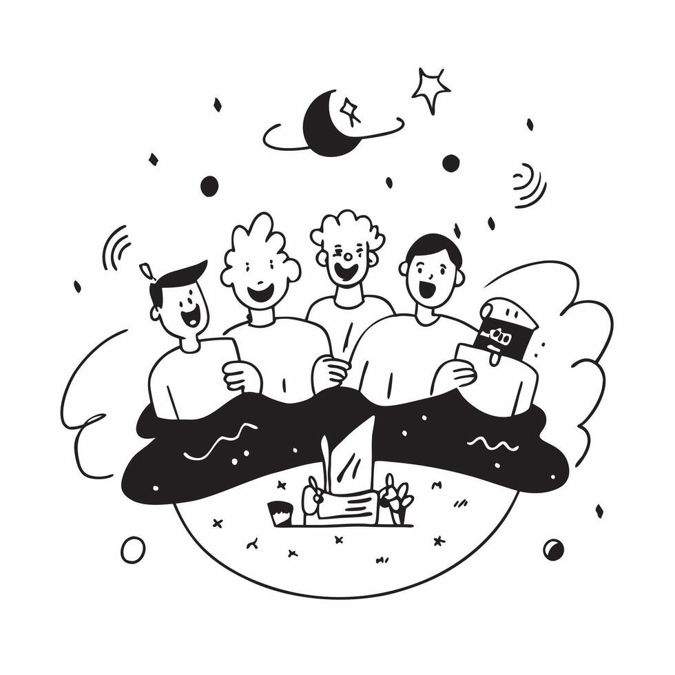 People with Enchanted Picnic and Smiling Faces concept as A group of people enjoying an enchanted picnic with smiling faces set against a whimsical background offering ample space pure vector