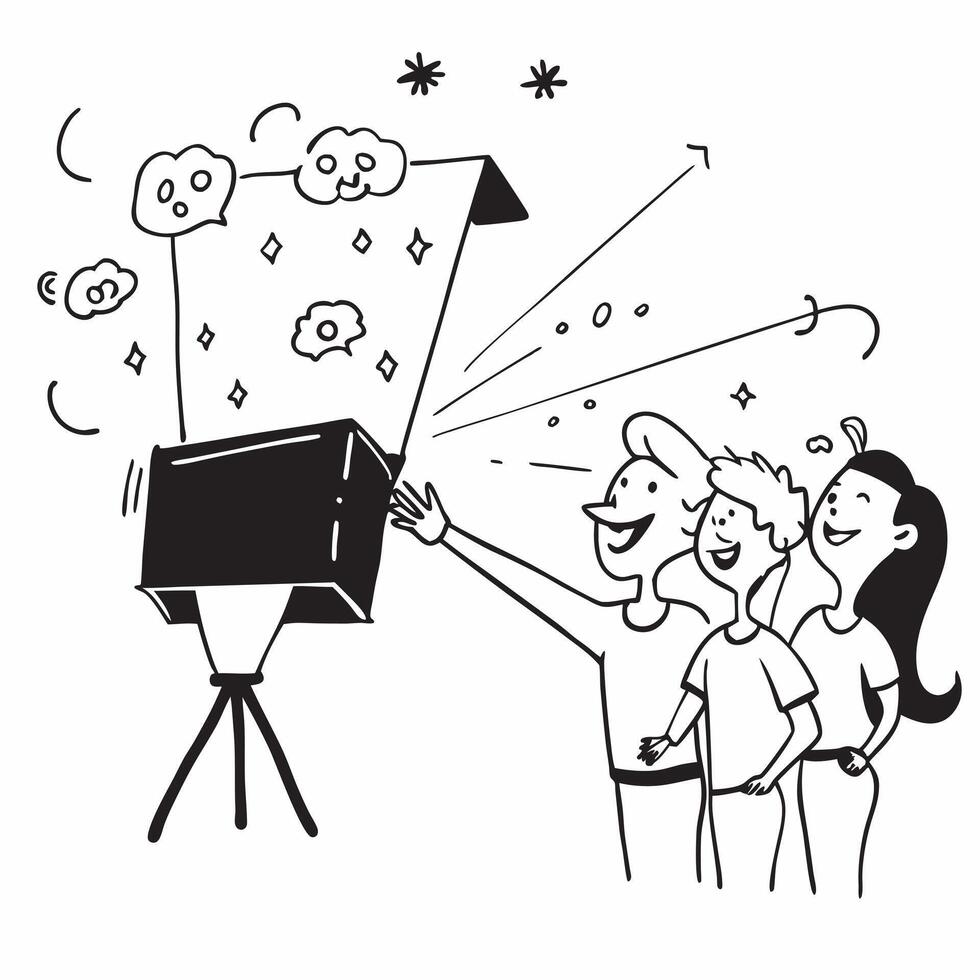 People with Enchanted Projectors and Beaming Faces concept as A group of people using enchanted projectors with beaming faces set against a dreamy background offering ample space f pure Set 3 vector