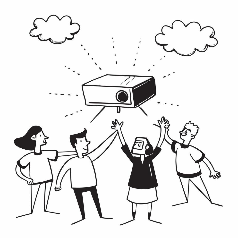People with Enchanted Projectors and Beaming Faces concept as A group of people using enchanted projectors with beaming faces set against a dreamy background offering ample space f pure vector