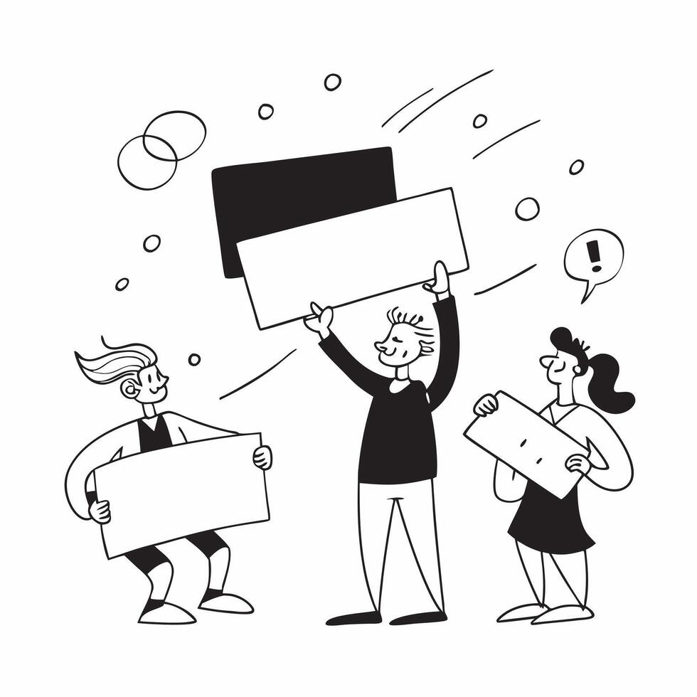 People with Enchanted Whiteboards and Smiling Faces concept as A group of people using enchanted whiteboards with smiling faces set against a dreamy background offering ample space pure Set 3 vector