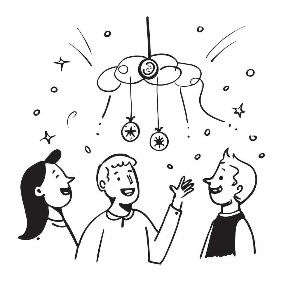 People with Enchanted Wind Chimes and Smiling Faces concept as A group of people listening to enchanted wind chimes with smiling faces set against a whimsical background offering a pure vector
