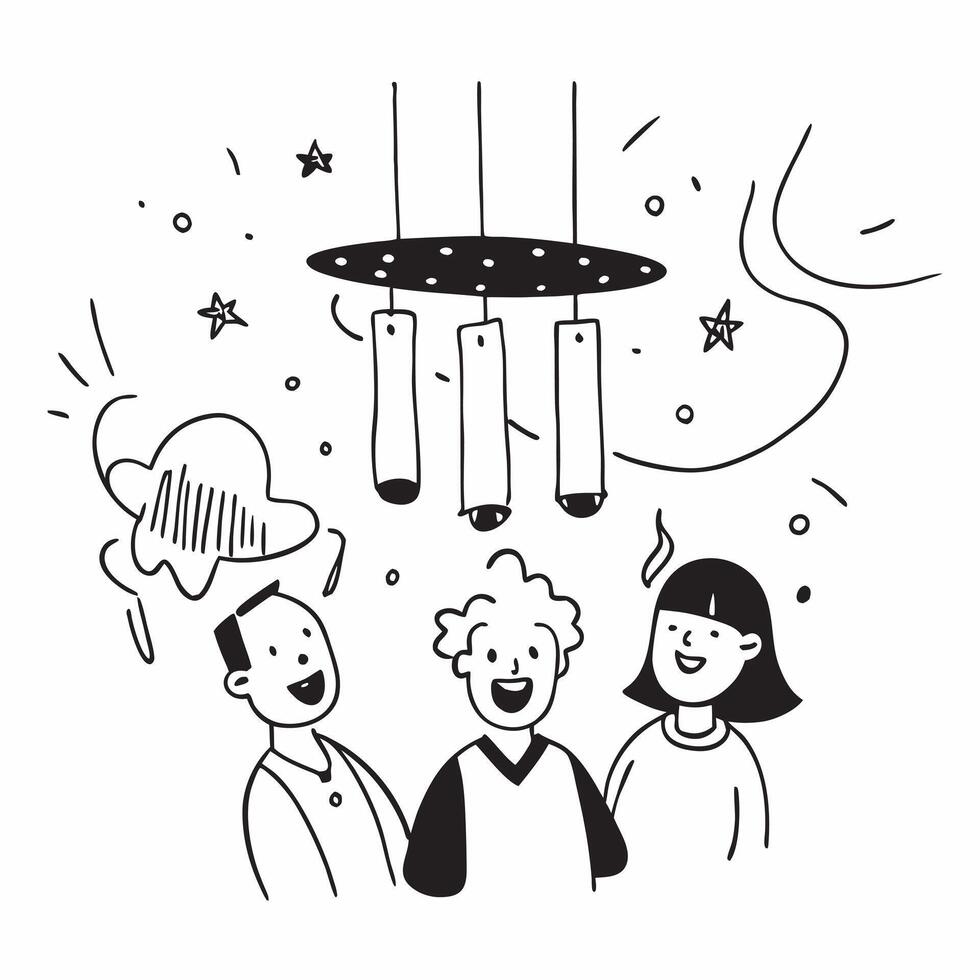People with Enchanted Wind Chimes and Smiling Faces concept as A group of people listening to enchanted wind chimes with smiling faces set against a whimsical background offering a pure Set 3 vector